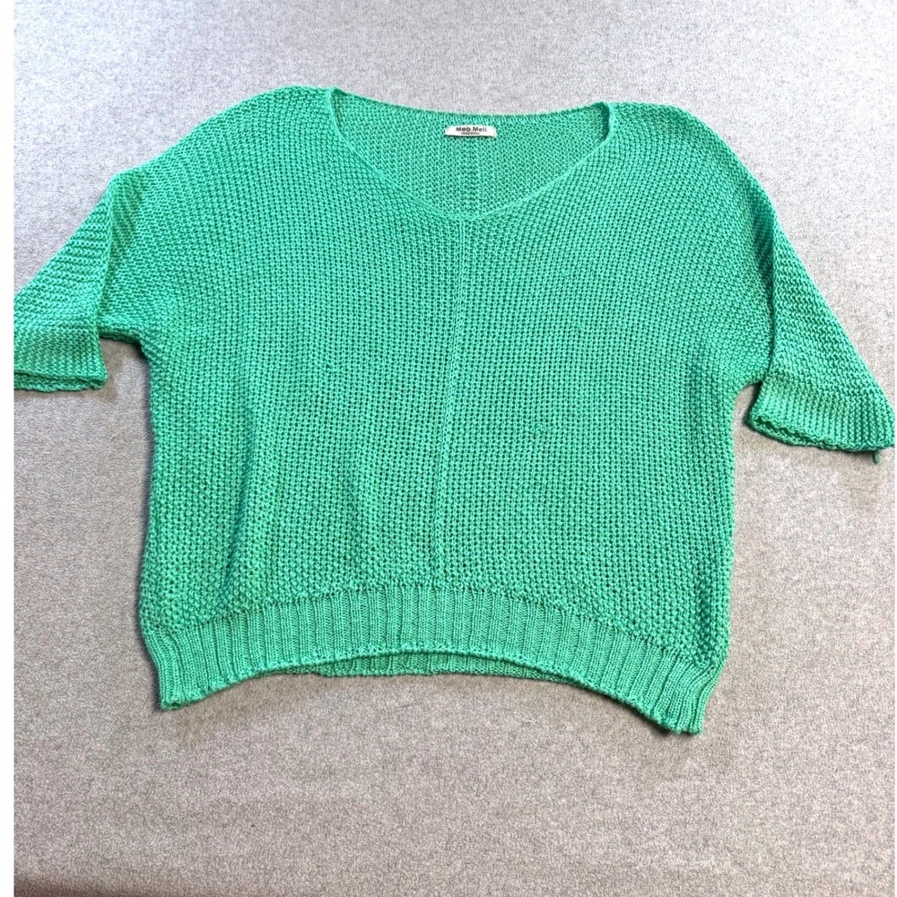 Meo Meli Knit Sweater Womens One Size Green Short Sleeve V-Neck Made In Italy